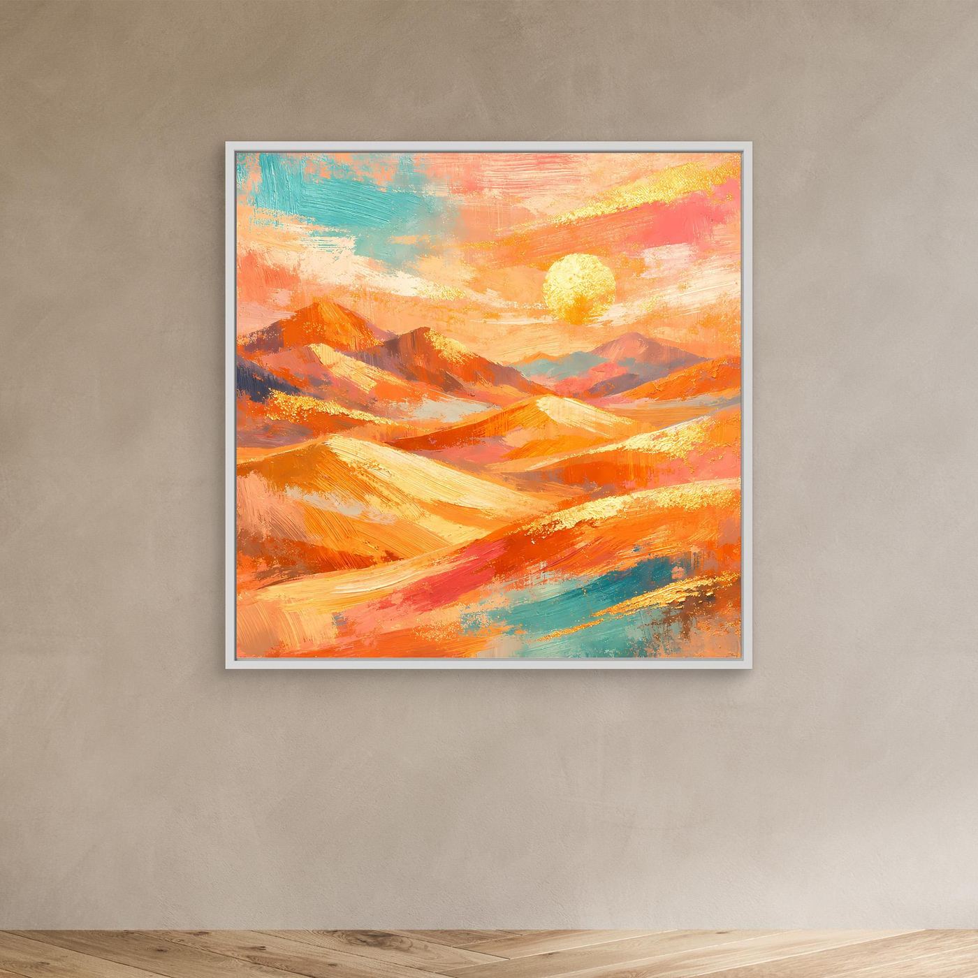 Leinwandbild abstrakte Wüstenlandschaft mit Sonne und Bergzügen, hellbraun gerahmt