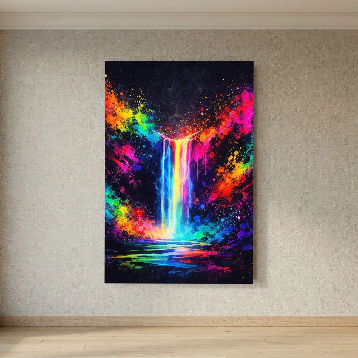 Hochformatiges Wandbild mit schwarzem Rahmen: Neon-Wasserfall-Abstrakt mit spiegelnden Farbreflexen