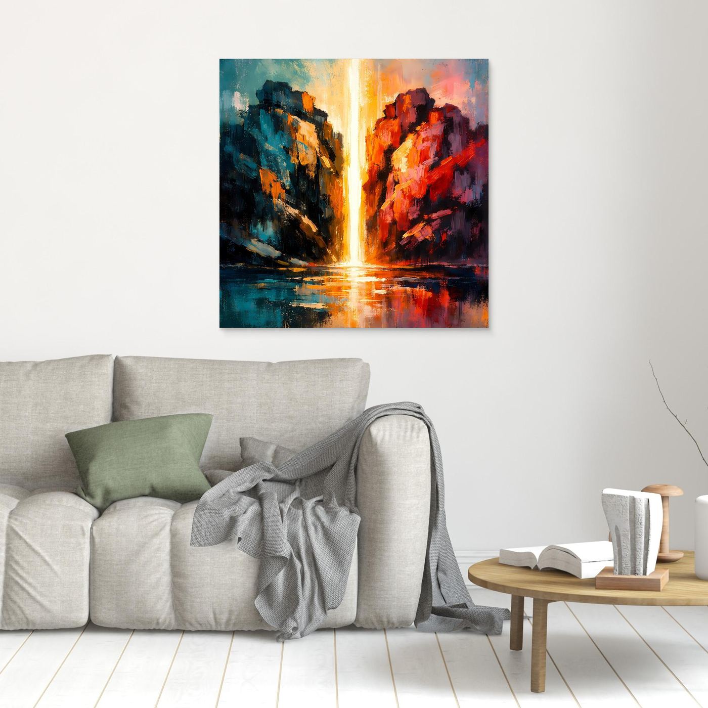 Premium Leinwand Magischer Lichtwasserfall im Canyon | Abstraktes Natur Wandbild farbenfroh