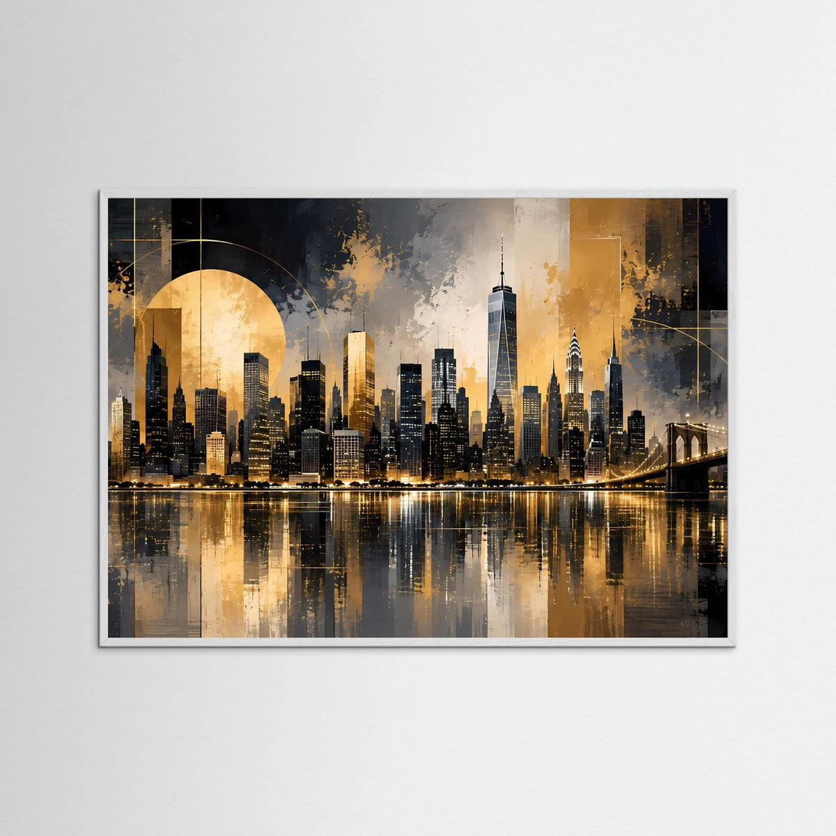Poster im Querformat mit New-York-Skyline, schwarz-gold, im weißen Holzrahmen