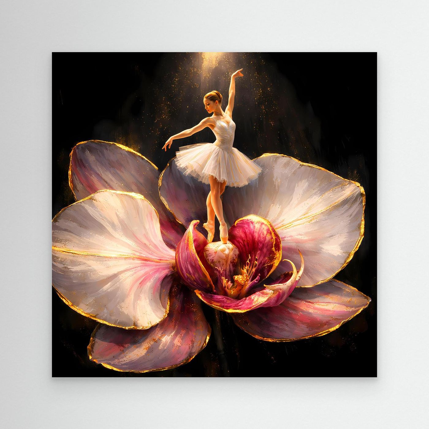 Premium Leinwand Elegante Ballerina auf Orchidee | Abstraktes Ballett Wandbild mit Goldakzenten