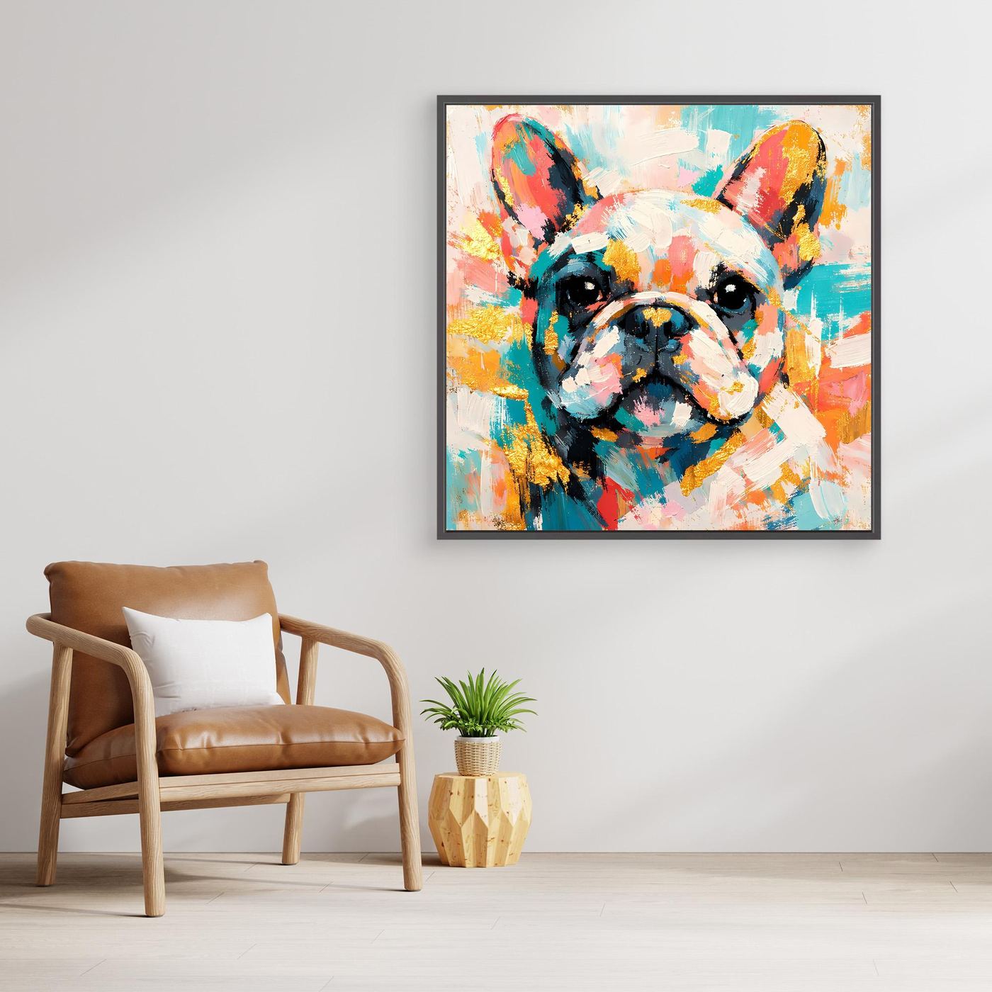 Leinwandbild Französische Bulldogge mit schwarzem Rahmen, abstraktes Farbporträt