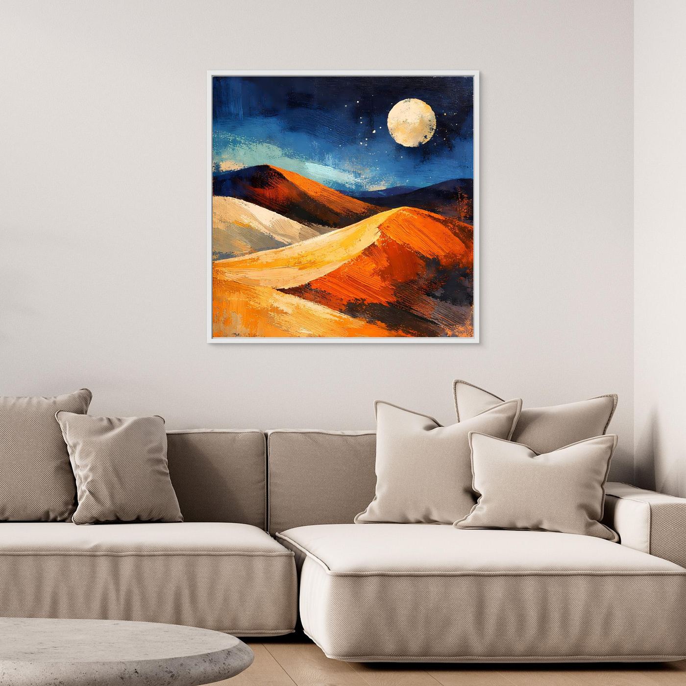 Square canvas wall art featuring abstract desert dunes and a glowing moon in blue