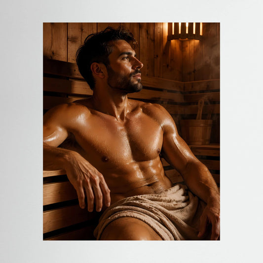 Sauna-Poster im Hochformat: Mann auf der Bank, nackter Oberkörper, Handtuch um die Hüften