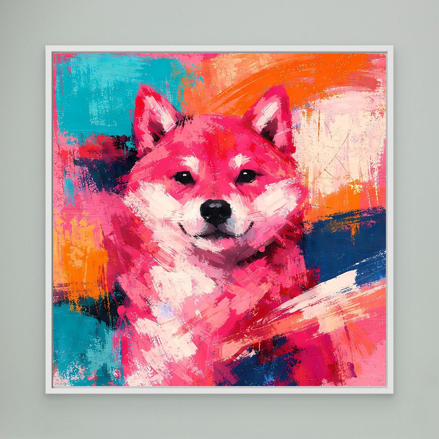 Farbenfrohes Shiba-Inu-Wandbild auf Leinwand mit weißem Rahmen