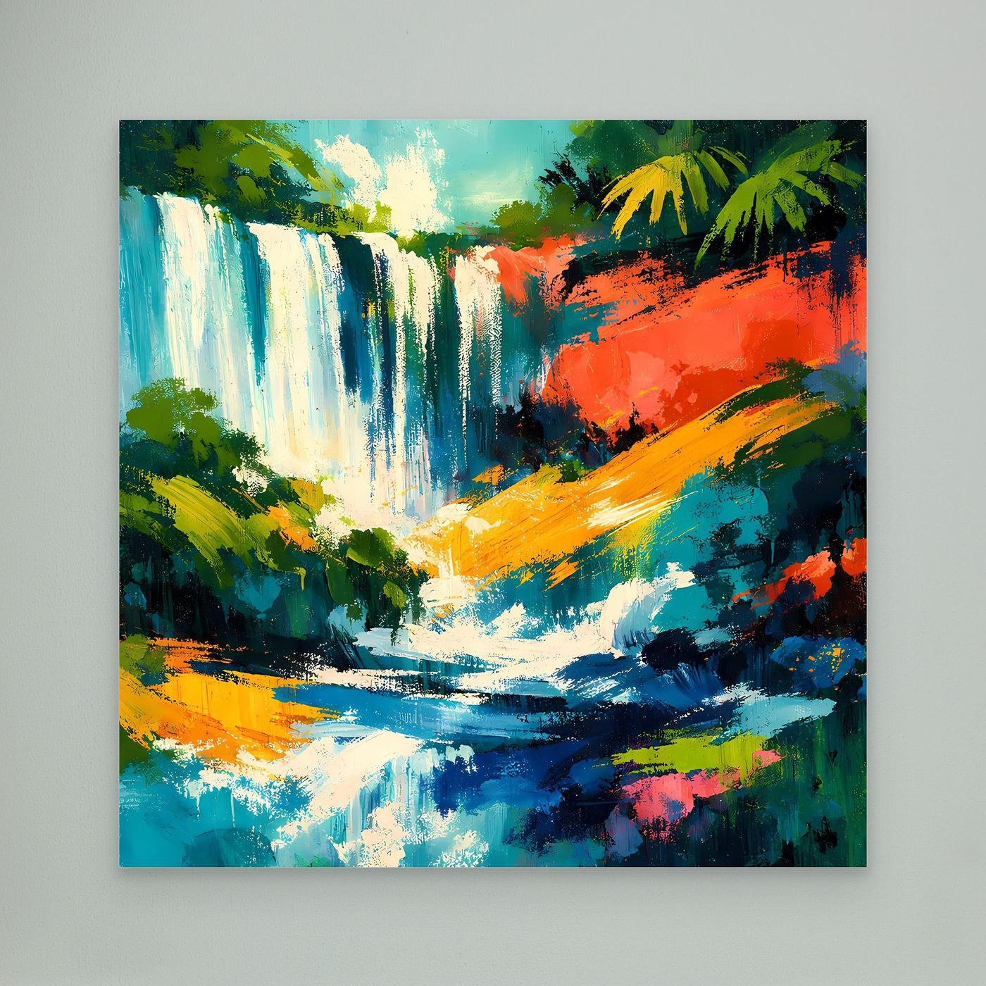 Abstraktes Leinwandbild mit tropischem Wasserfall in Blau-, Grün- und Orangetönen