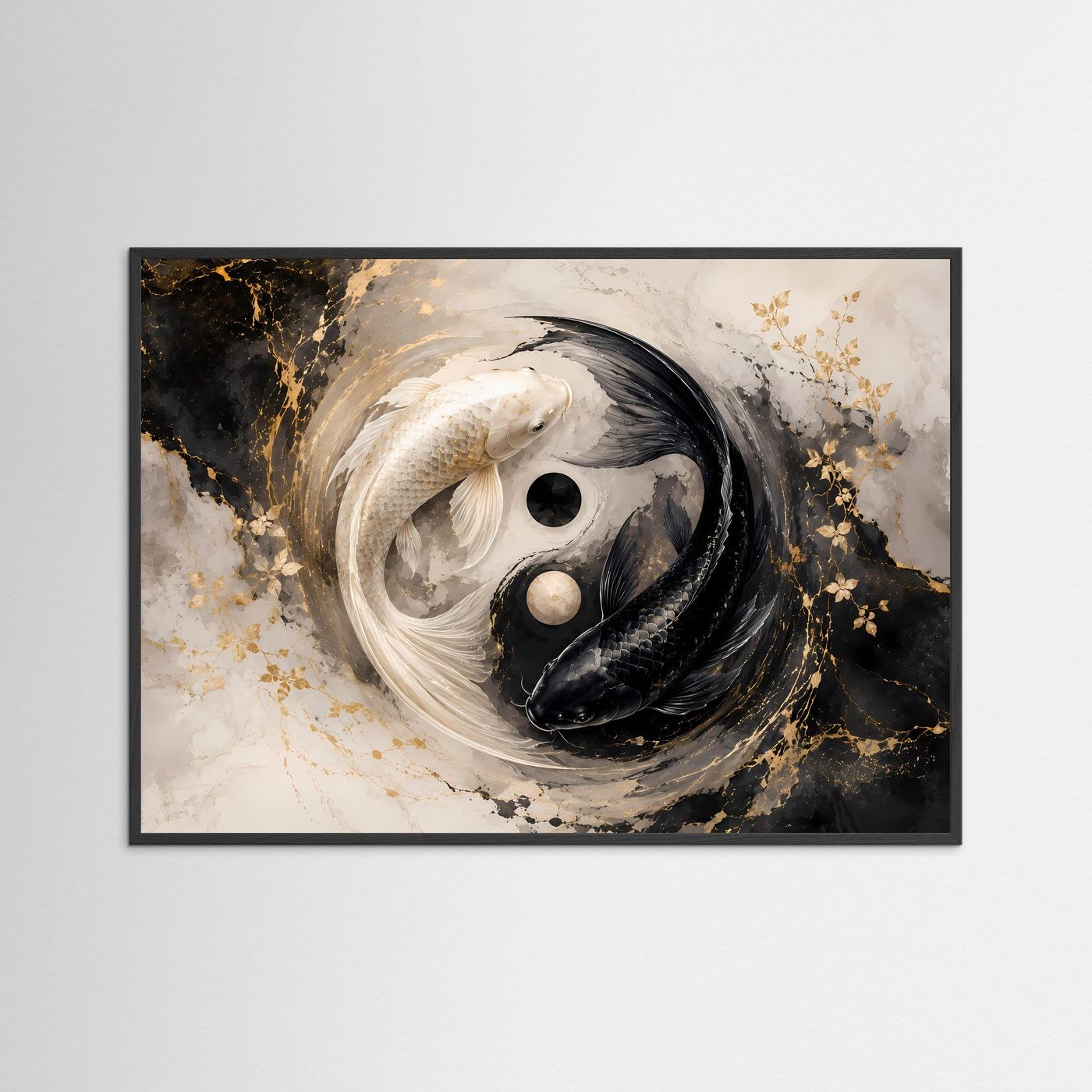 Leinwandbild mit Yin-Yang-Koi: schwarze und weiße Fische, goldene Sprenkel, schwarzer Rahmen