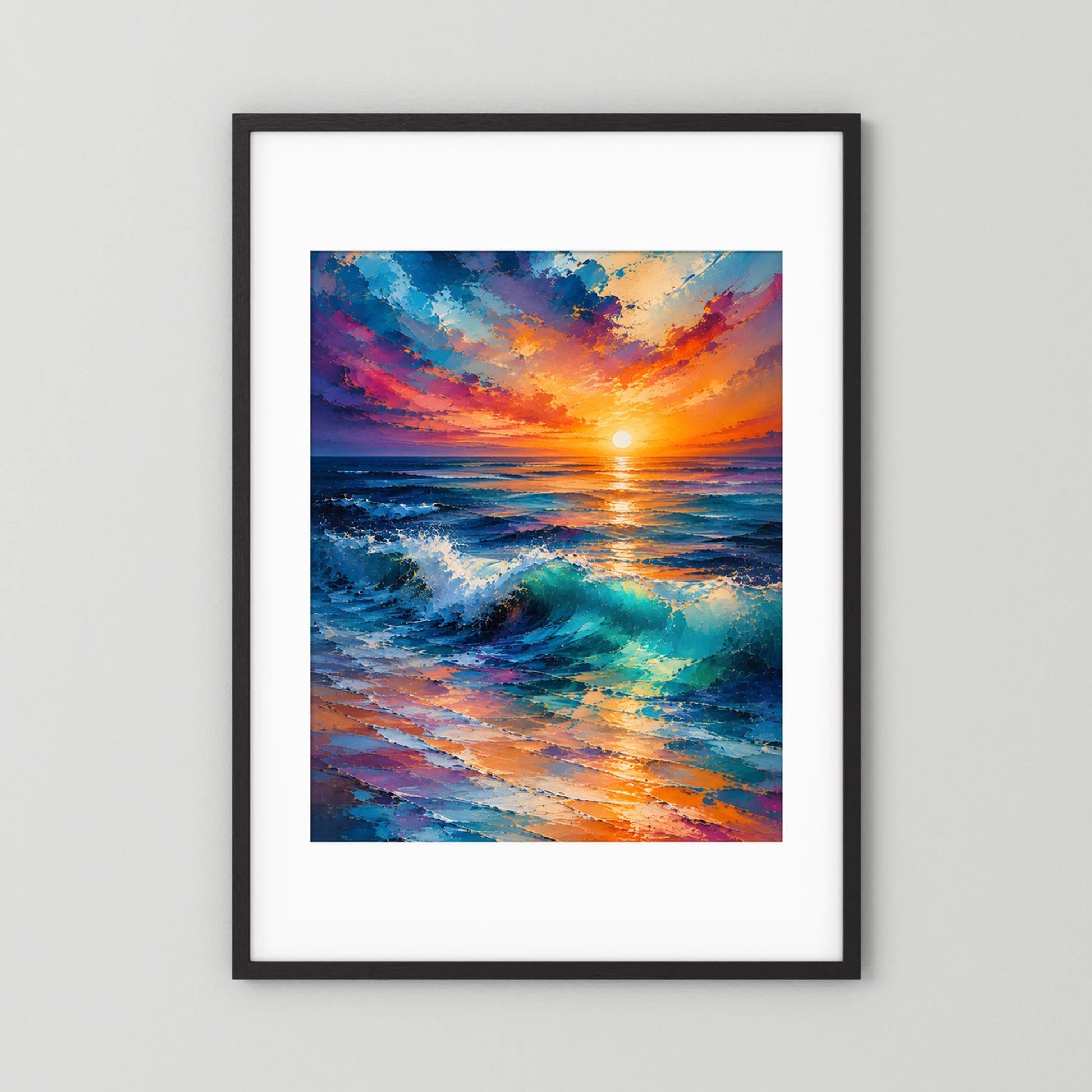 Hochformat-Poster Sonnenuntergang am Meer, blau-orange Wellen, schwarzer Rahmen mit weißem Rand