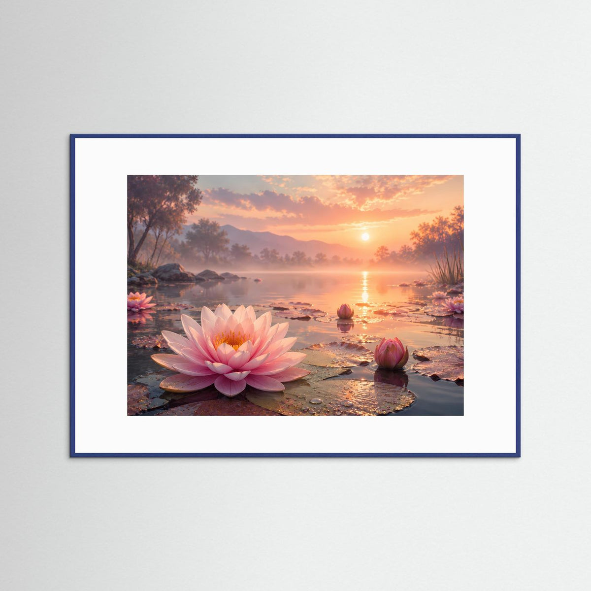 Poster im Querformat mit rosa Seerose am See bei Sonnenuntergang, blauer Rahmen
