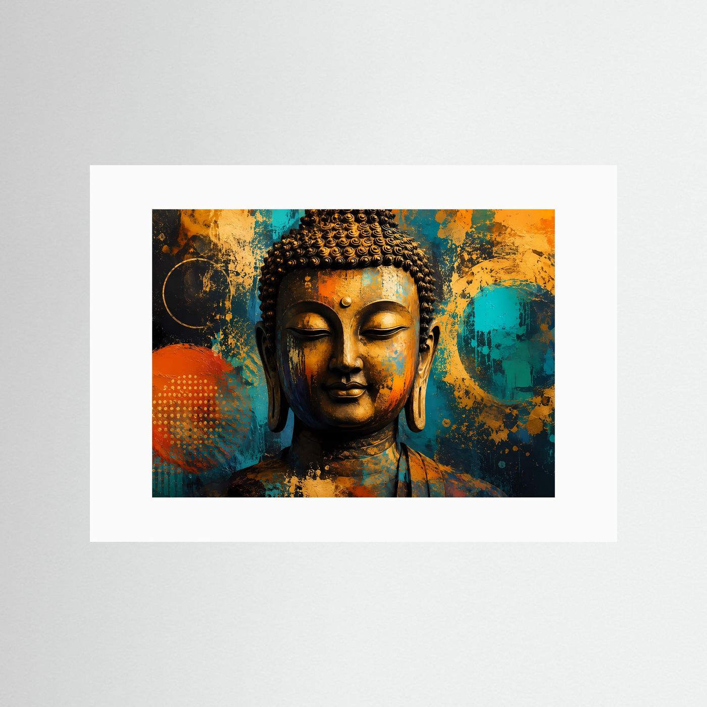 Goldener Buddha mit abstrakten Kreisen | Spirituelles Zen & Mindfulness Poster im Hochformat