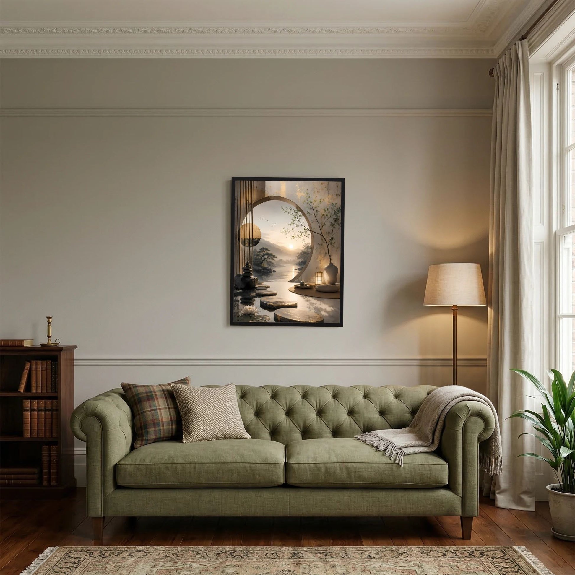 Wandposter im schwarzen Rahmen mit asiatischer Gartenszene und rundem Lichtbogen