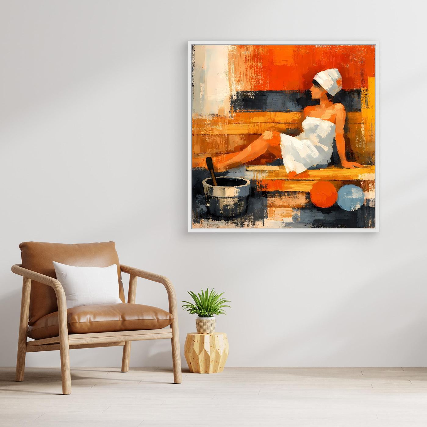 Abstract sauna woman canvas wall art with light border, orange and blue seated figure.