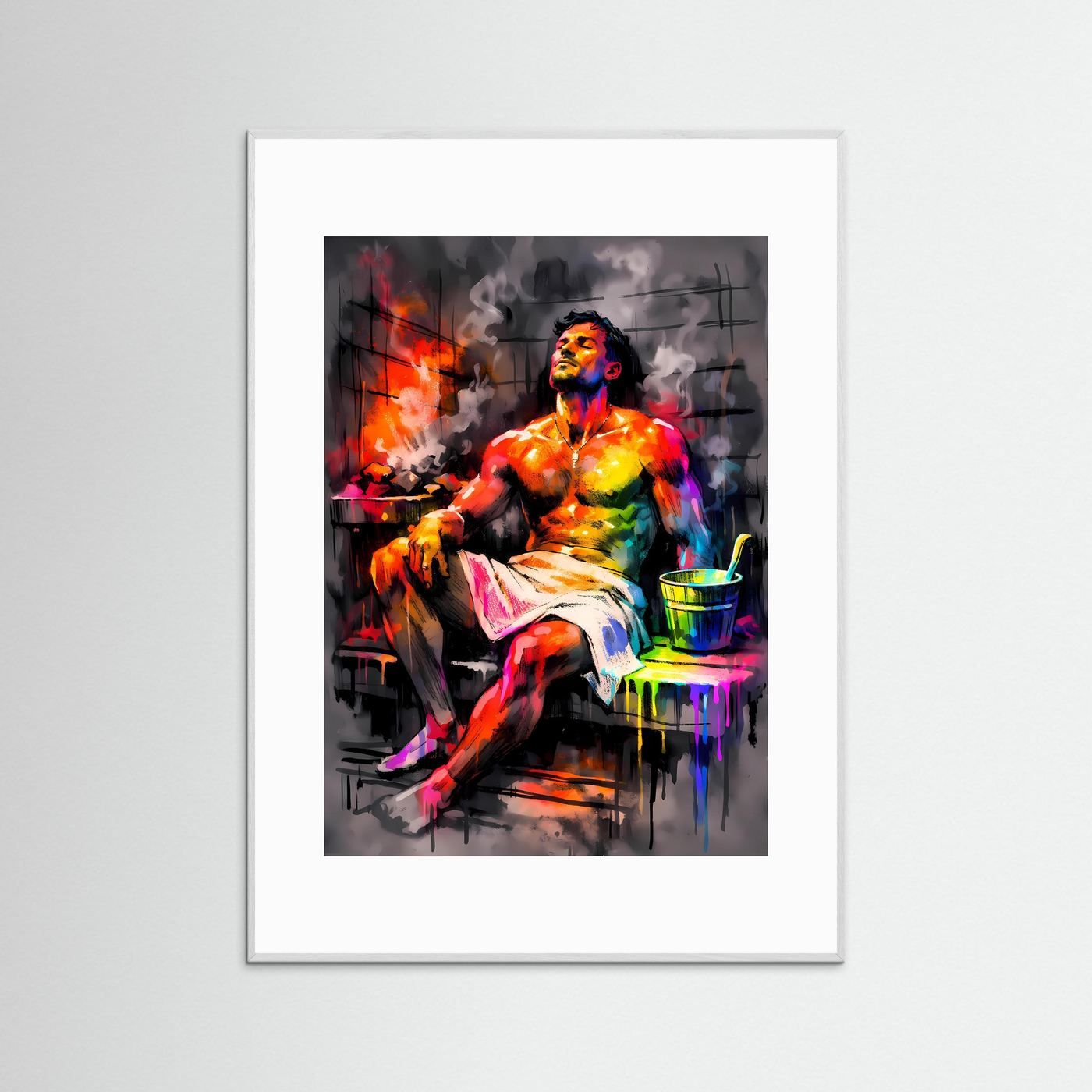 Die Kunst der Entspannung | Neon Sauna Poster mit männlicher Silhouette & Regenbogen-Farben | Abstraktes Pop-Art Kunstposter Hochformat
