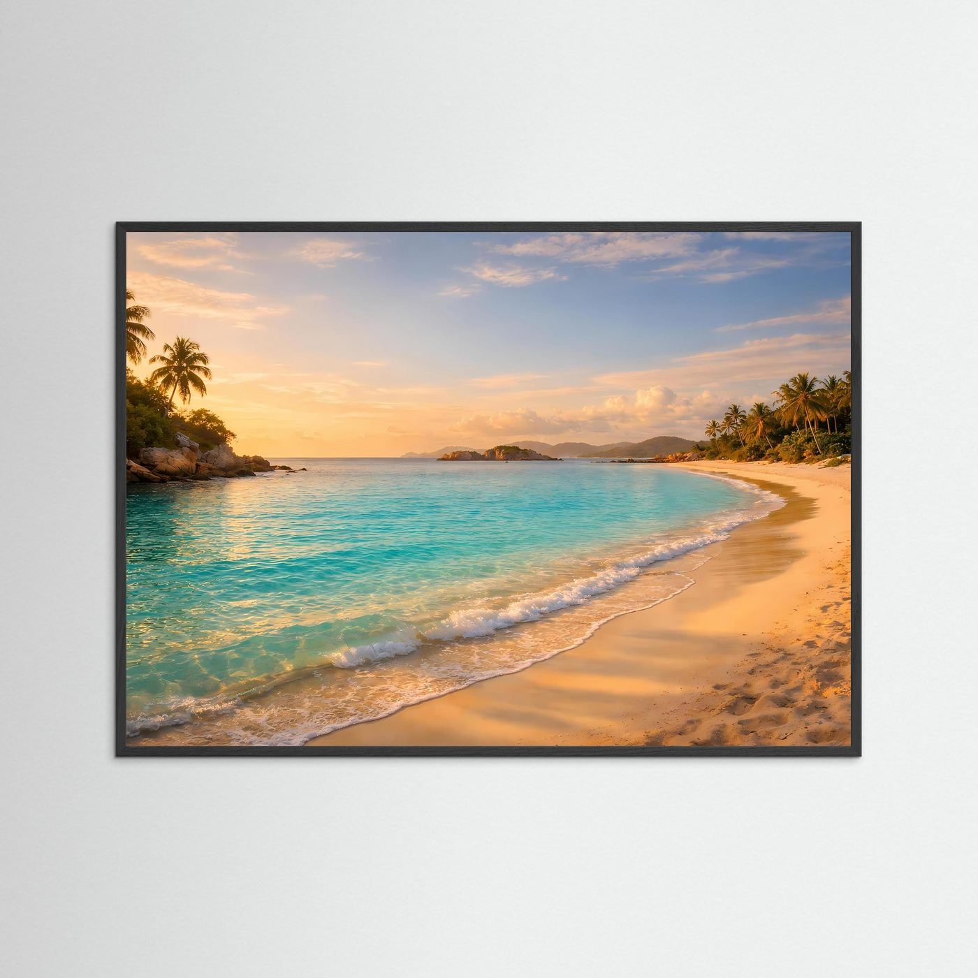 Tropischer Traumstrand im Sonnenuntergang | Karibik & Palmen Poster Querformat