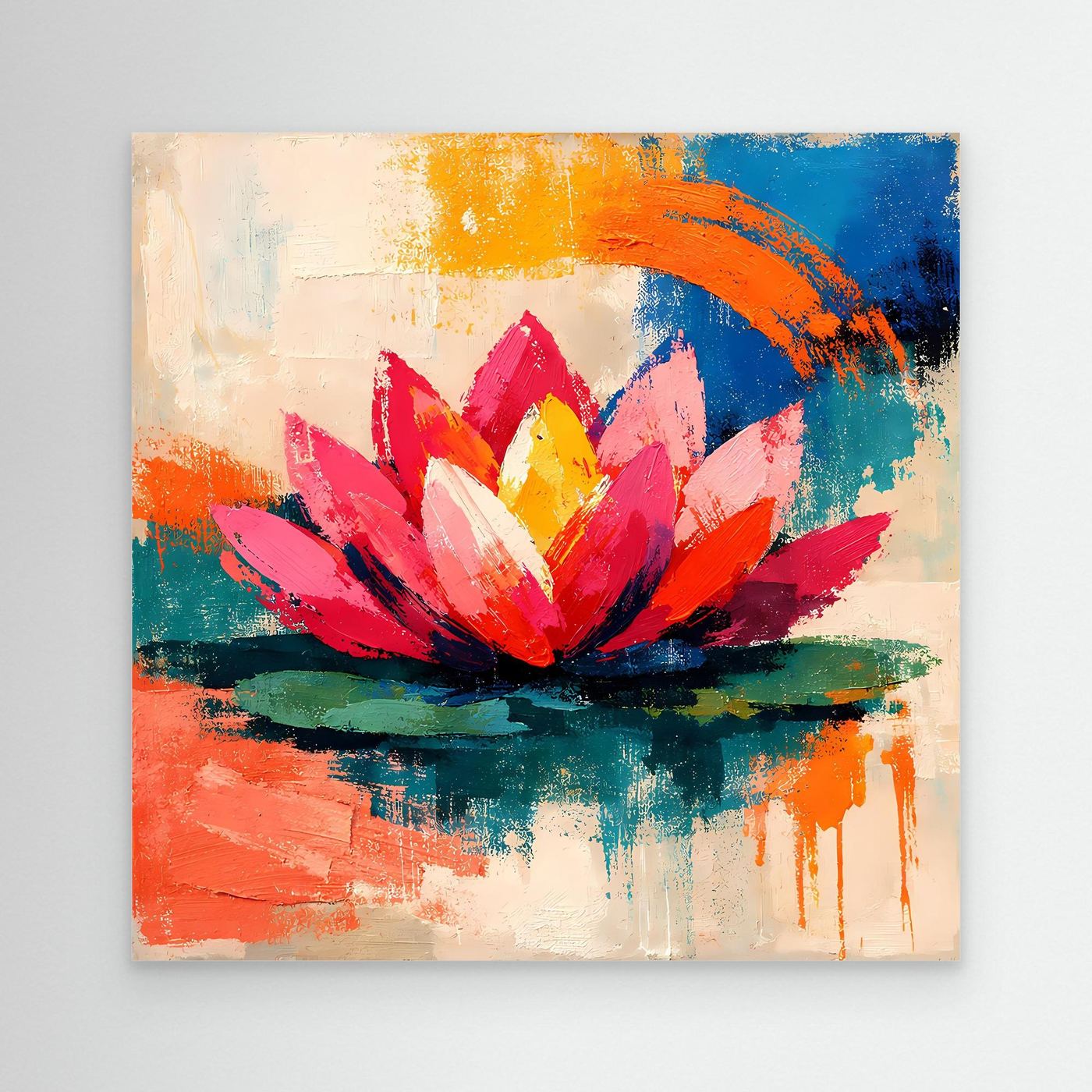 Abstract lotus canvas painting with pink petals, yellow center, and orange blue brushstrokes.