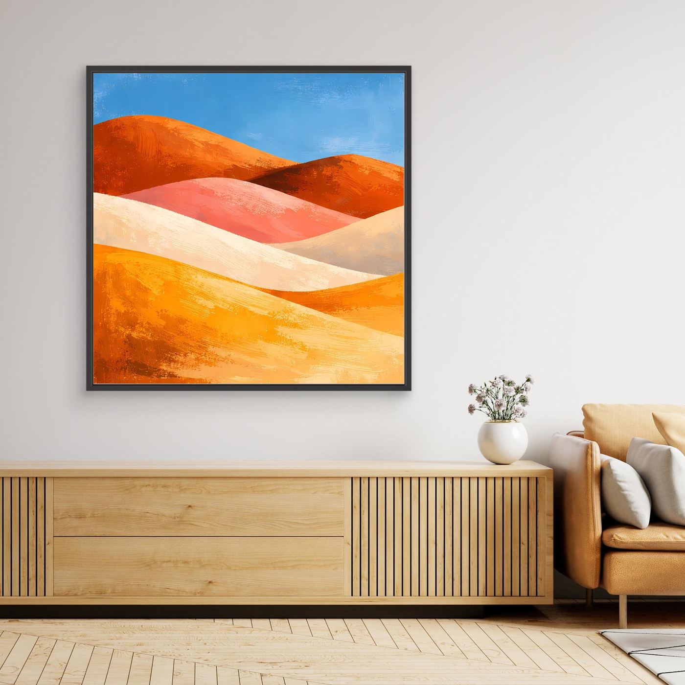 Gerahmtes Wandbild mit schwarzem Rahmen, abstrakte Dünen in Orange und blauer Himmel
