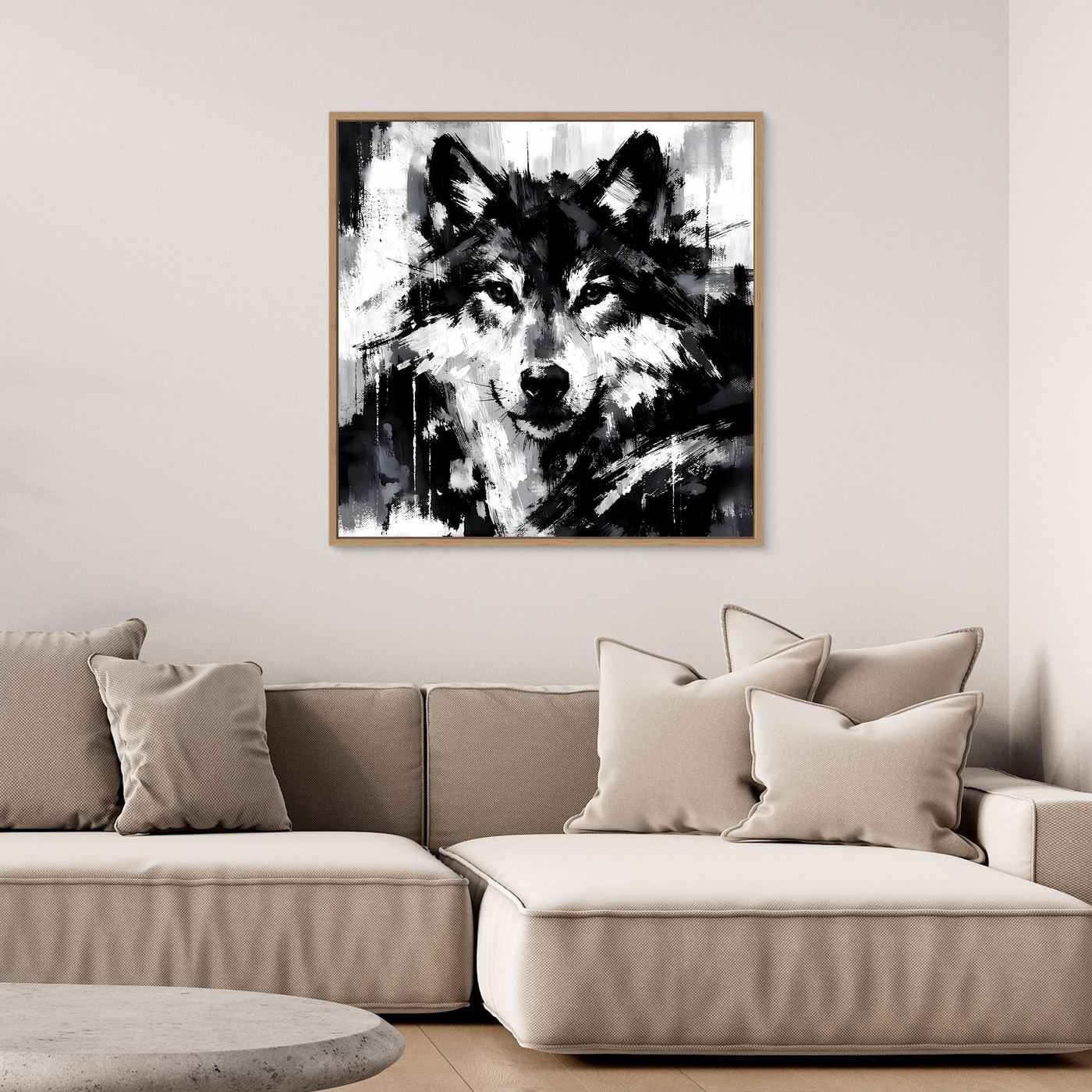 Leinwand-Wandbild mit abstraktem Wolf in Schwarzweiß, mit Eichenrahmen