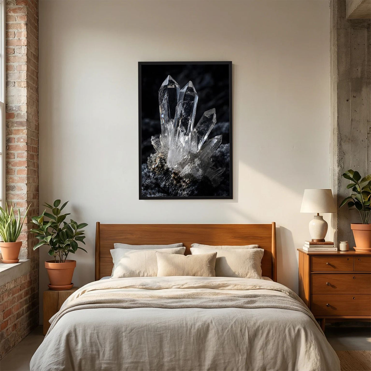 Mineralien-Wandbild im schwarzen Rahmen über dem Bett, klarer Quarzkristall auf dunklem Gestein