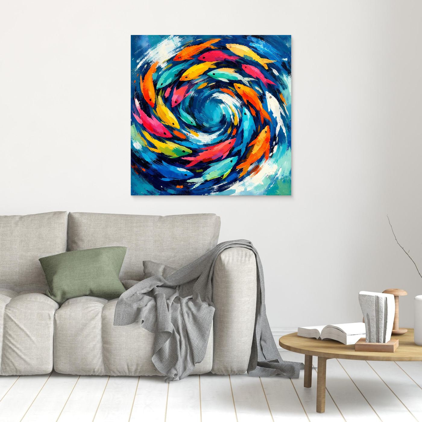Leinwand Dynamischer Fischschwarm im Strudel | Abstraktes Ozean & Meer Wandbild