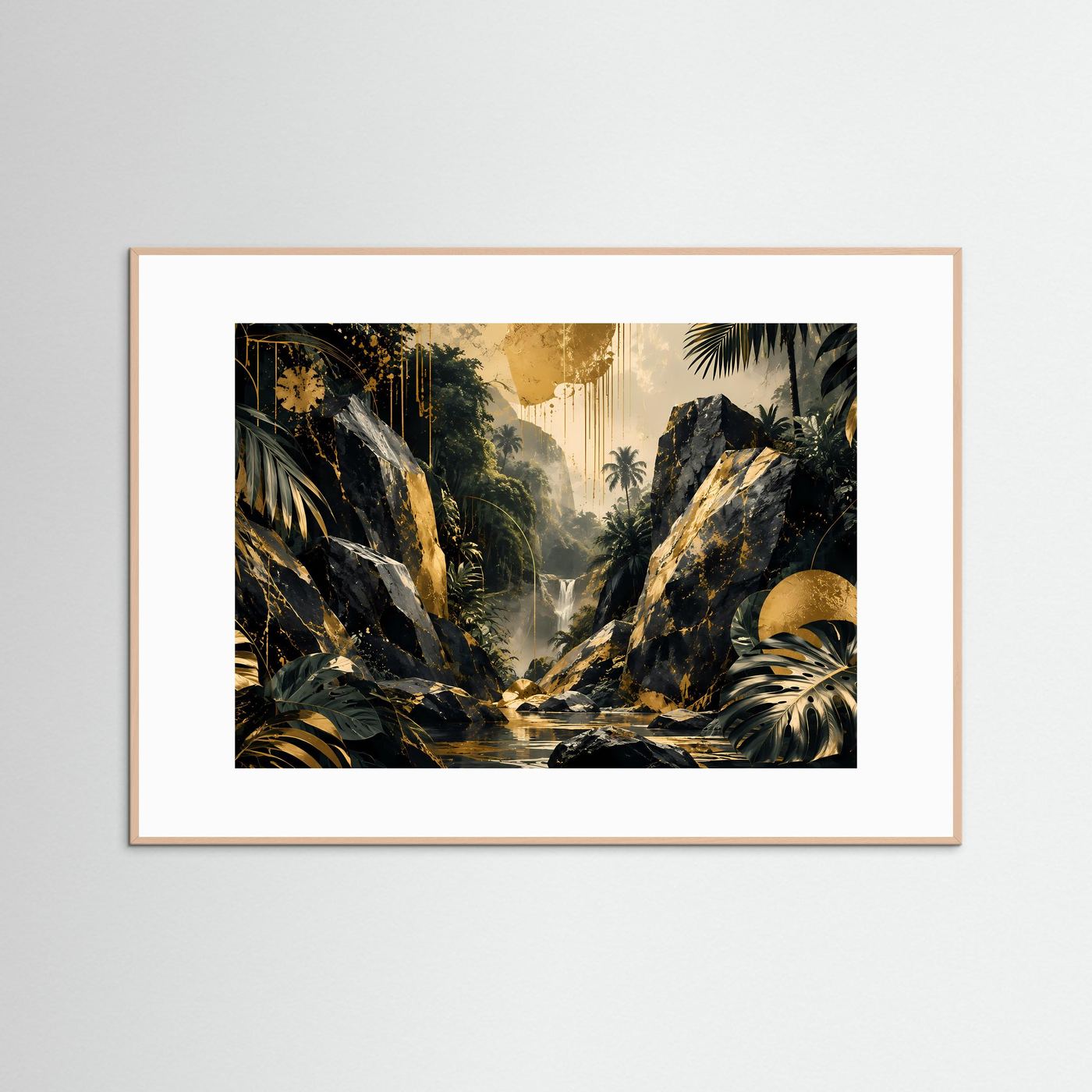 Poster Querformat Tropen-Dschungel-Wasserfall in Schwarz-Gold, rosafarbener Rahmen, weißes Passepartout