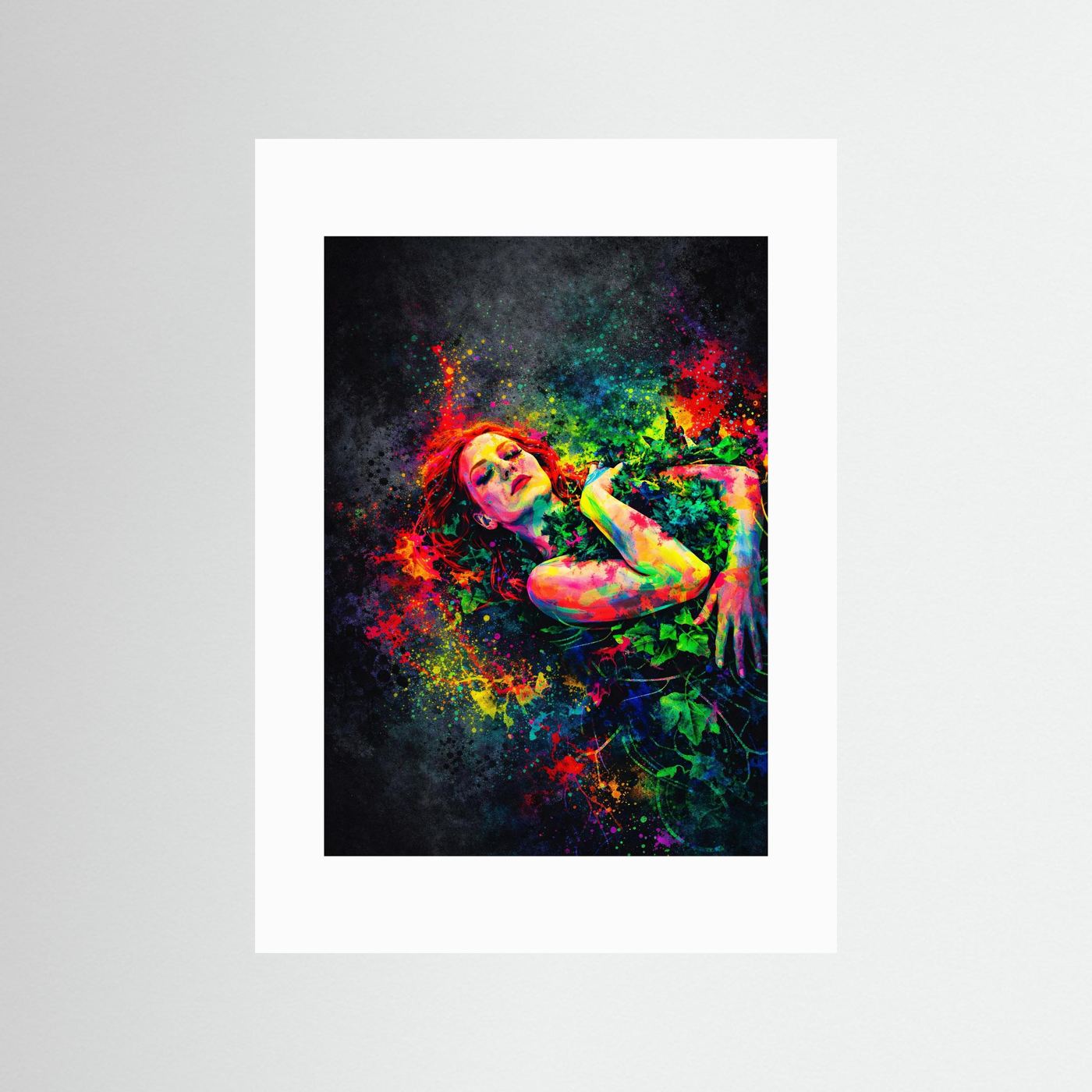 Kunstposter ohne Rahmen, weißer Rand um das Neon-Waldnymphenmotiv, Hochformat