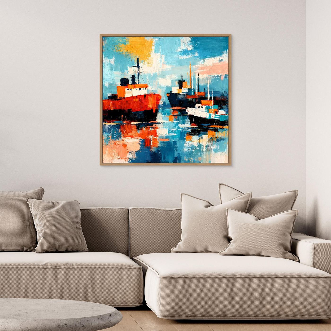 Maritimes Leinwand-Wandbild mit zwei Schiffen im abstrakten Farbspiel, goldener Rahmen.