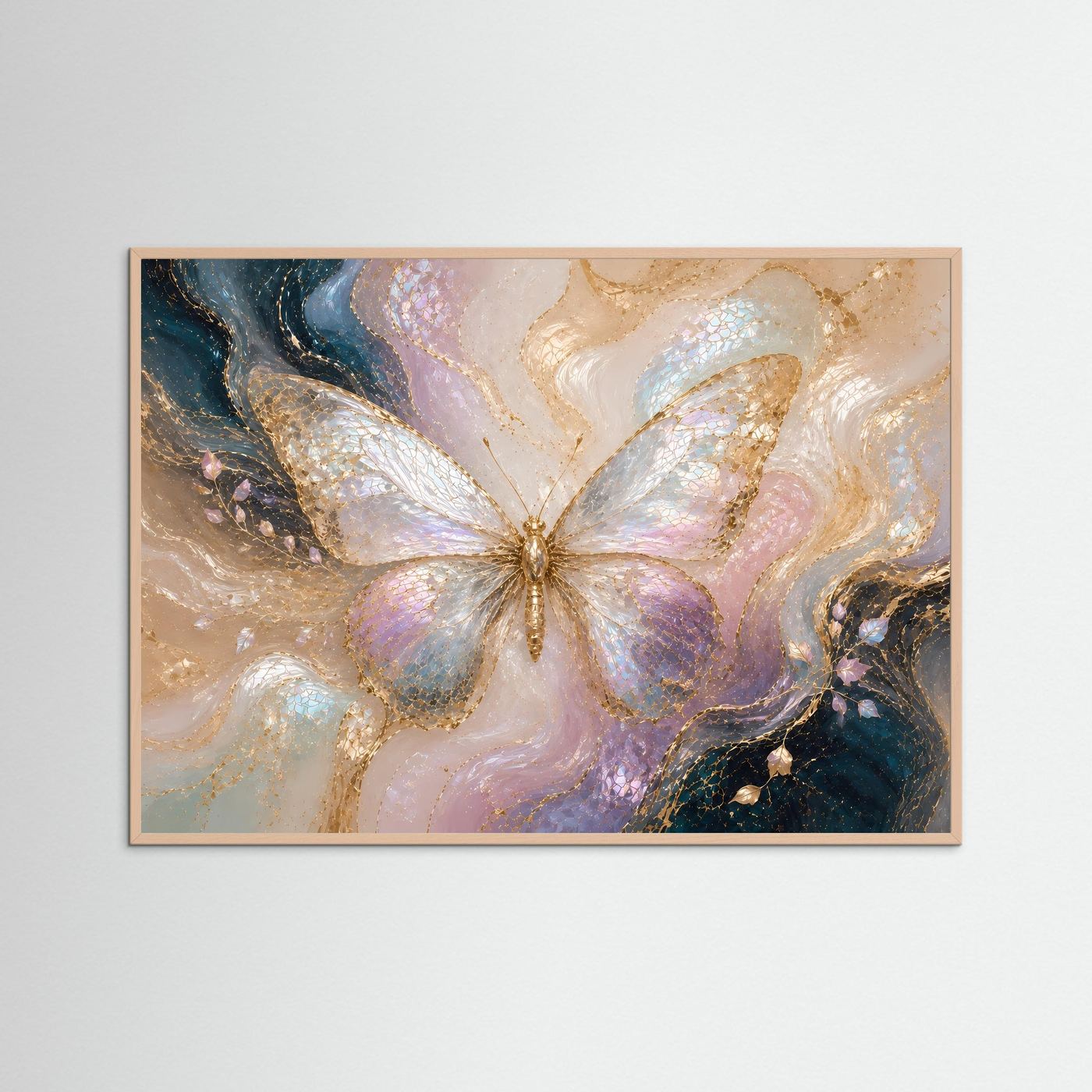 Wandkunst-Poster mit abstraktem Schmetterling in Pastellfarben und Goldakzenten, Holzrahmen
