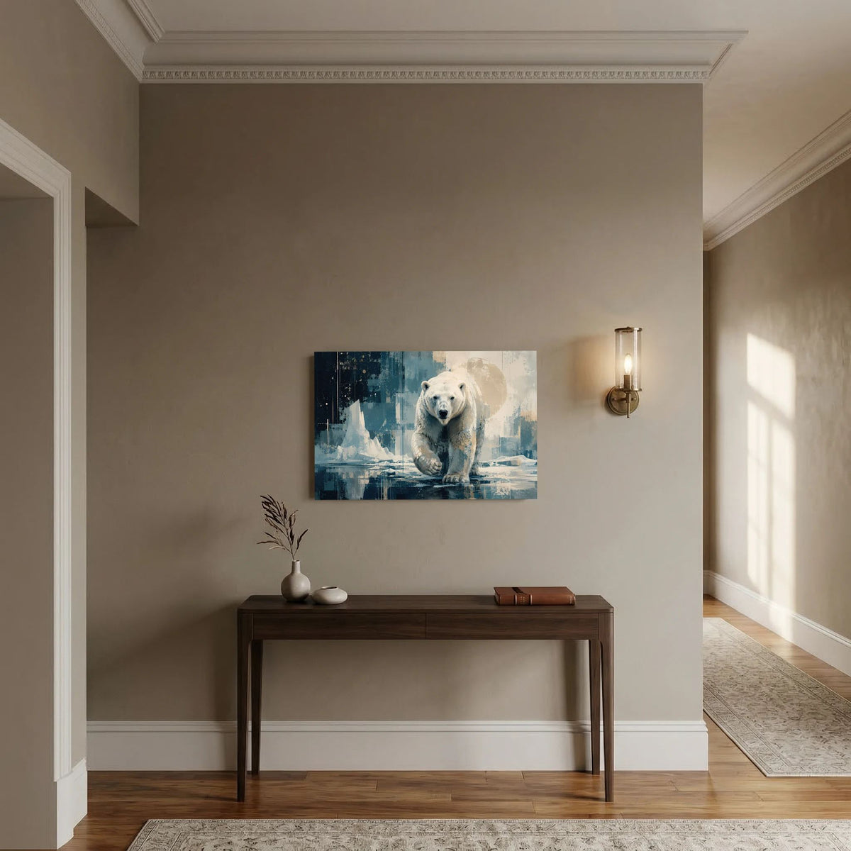 Poster mit Eisbär im Blau-Beige-Abstraktbild, ohne Rahmen, querformatig