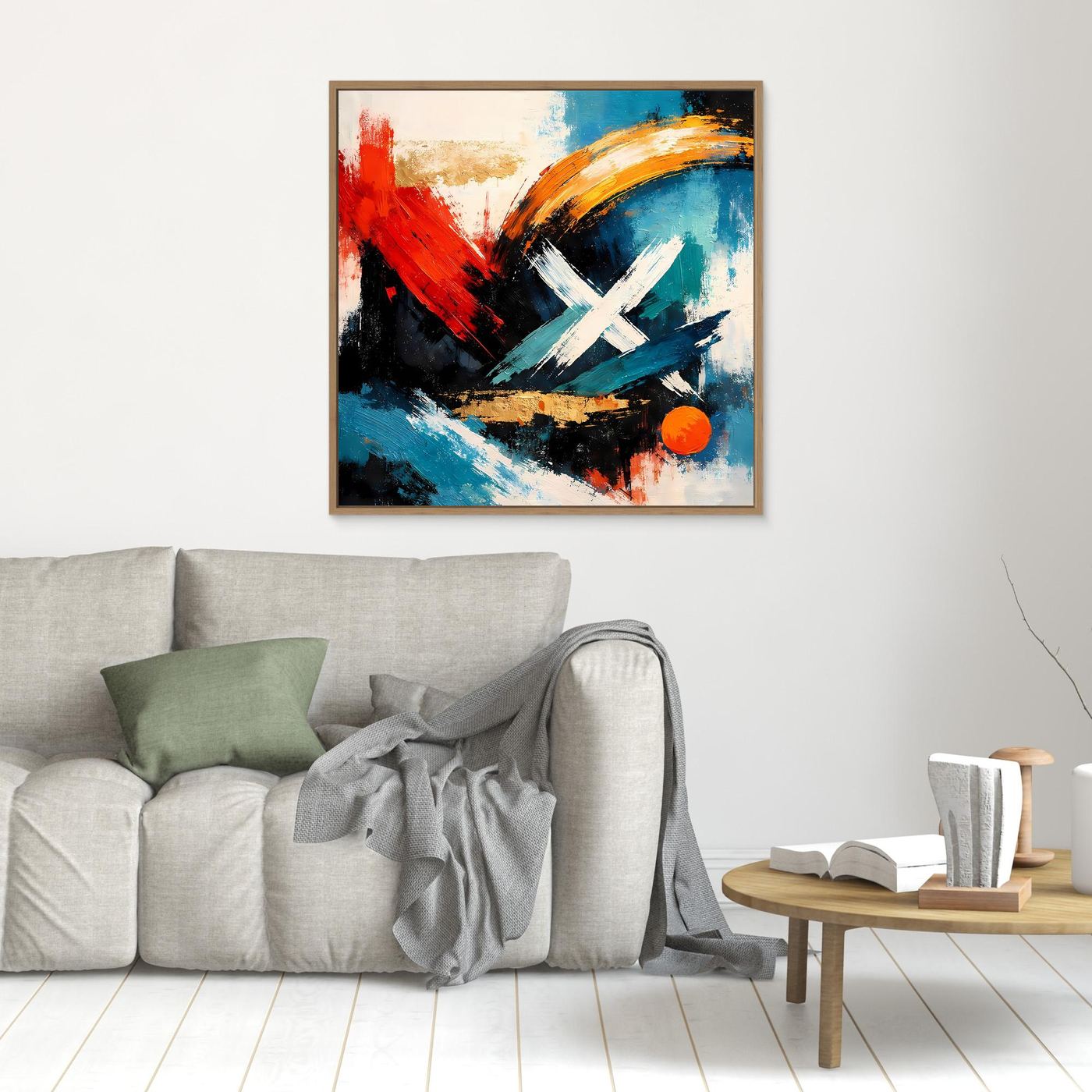 Abstraktes Leinwandbild im Hochformat mit blauem Hintergrund, rotem Pinselstrich, goldenen Bögen und weißem X.