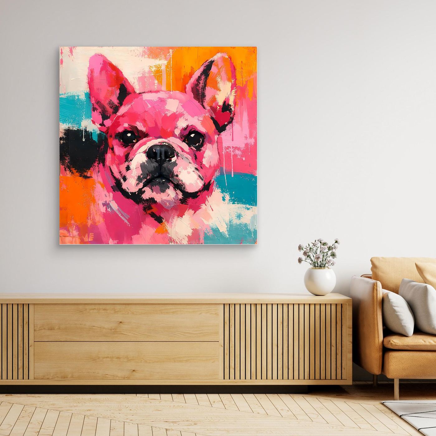 Abstract French bulldog portrait canvas wall art in a light wood frame; pink face with orange and blue