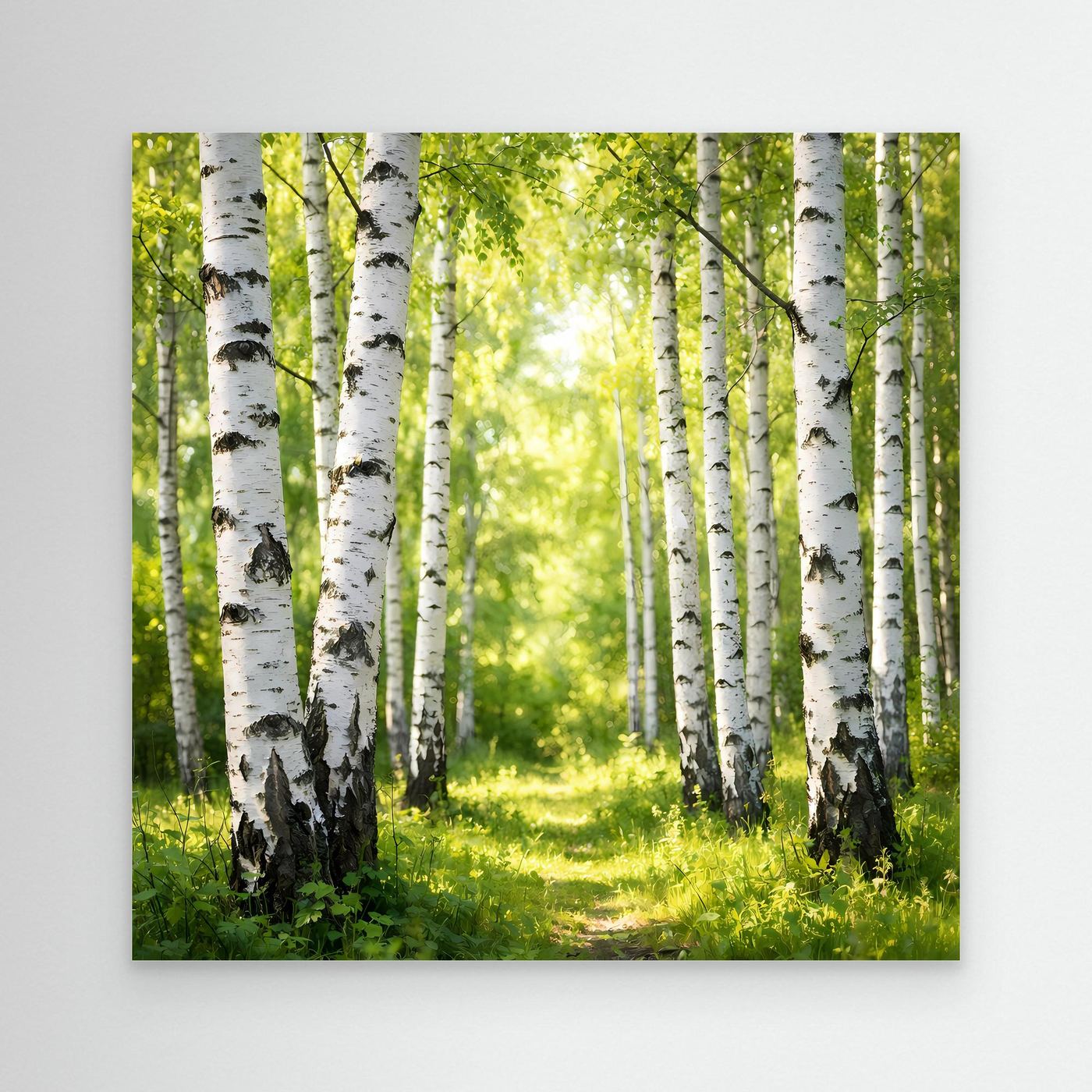 Leinwandbild mit Birkenwald im Sonnenlicht, grüne Wiese und helle Baumstämme ohne Rahmen