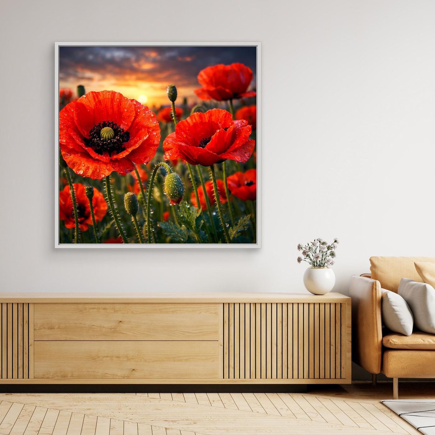 Gerahmtes Leinwand-Wandbild mit roten Klatschmohnblüten und Abendhimmel in warmen Tönen