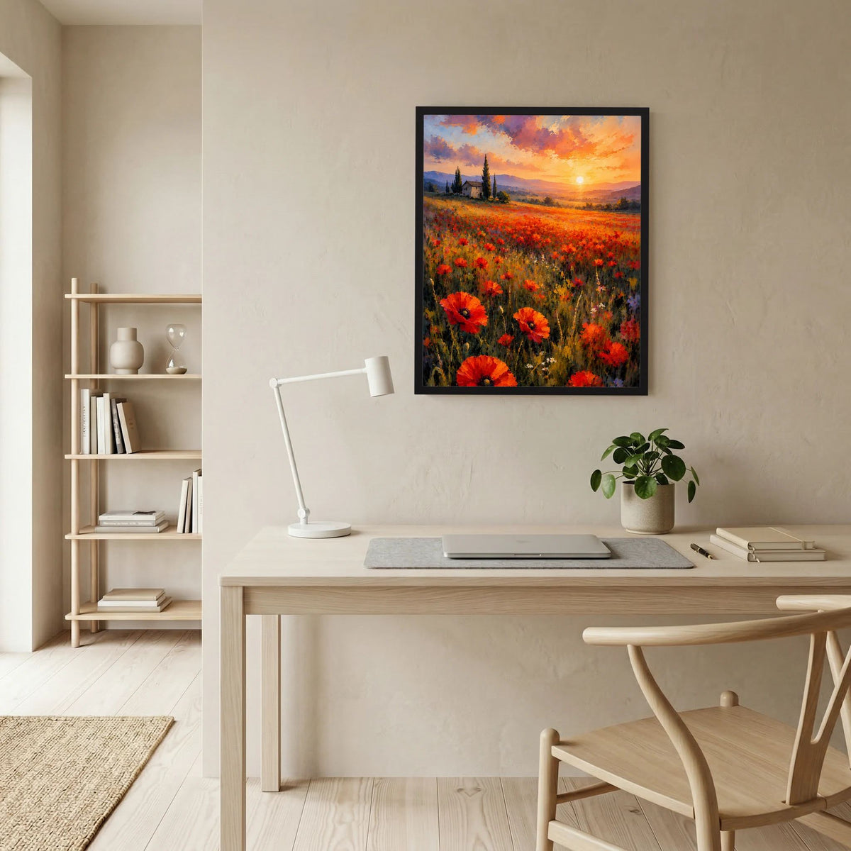 Wandposter mit Mohnfeld bei Sonnenuntergang im schwarzen Rahmen