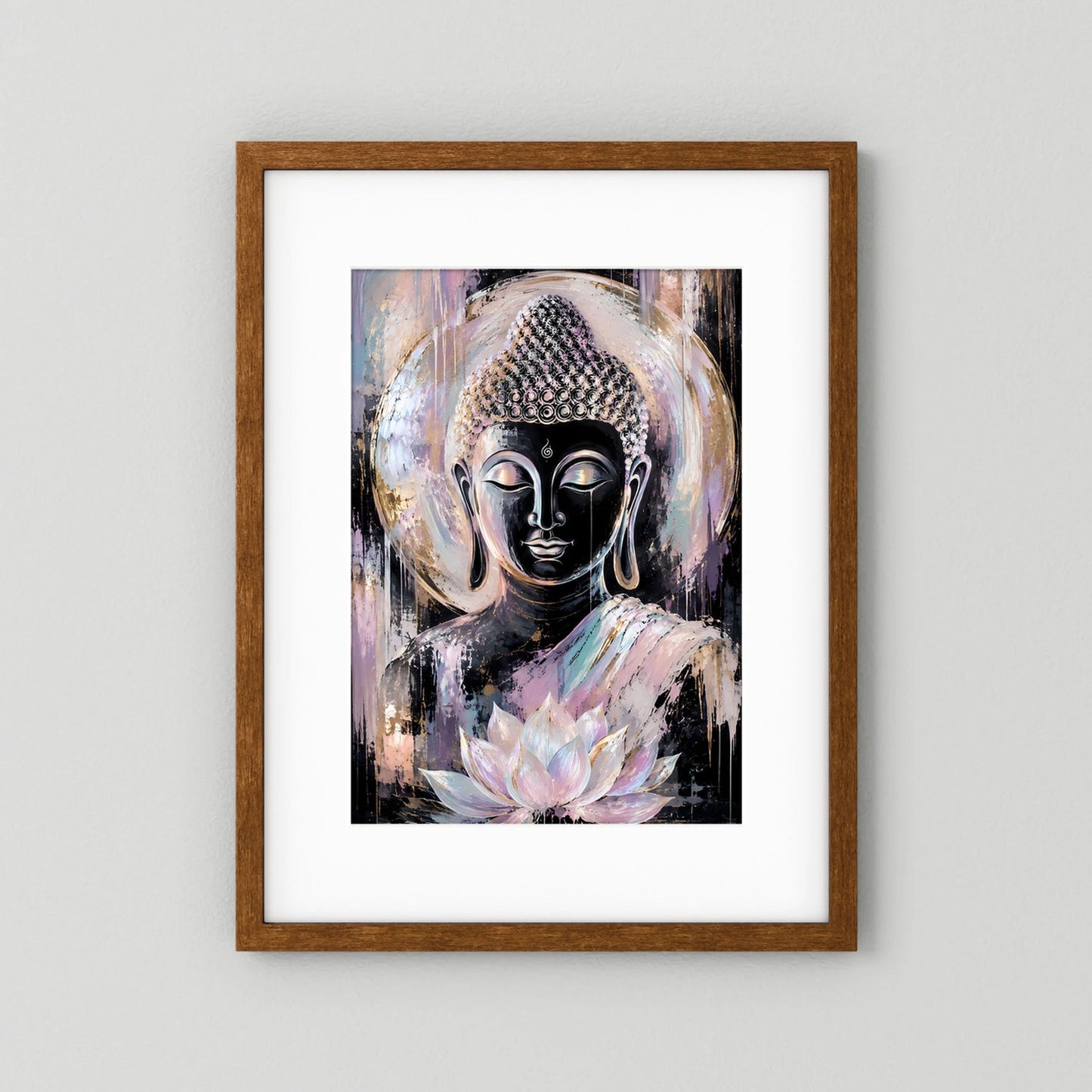 Buddha-Poster im Hochformat mit dunklem Holzrahmen und Lotusblüte im unteren Bereich