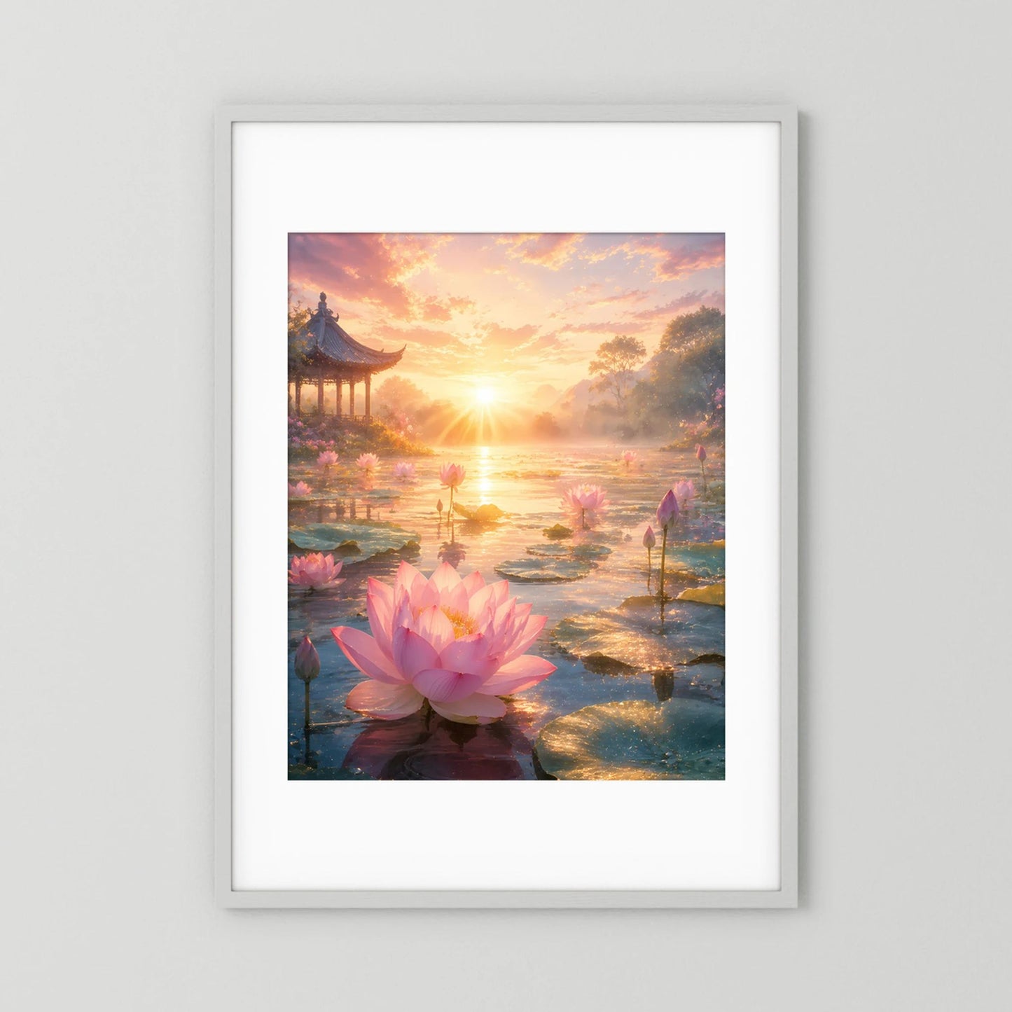 Poster im Hochformat mit rosa Lotusblüte am Teich, weißer Rahmen und Passepartout