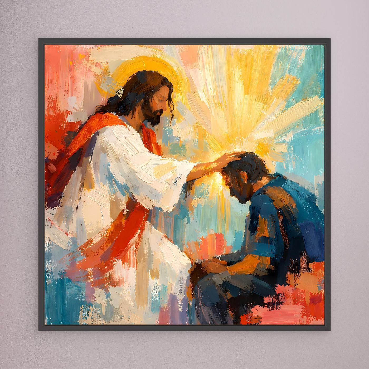 Black-framed religious wall art depicting Jesus blessing a kneeling man