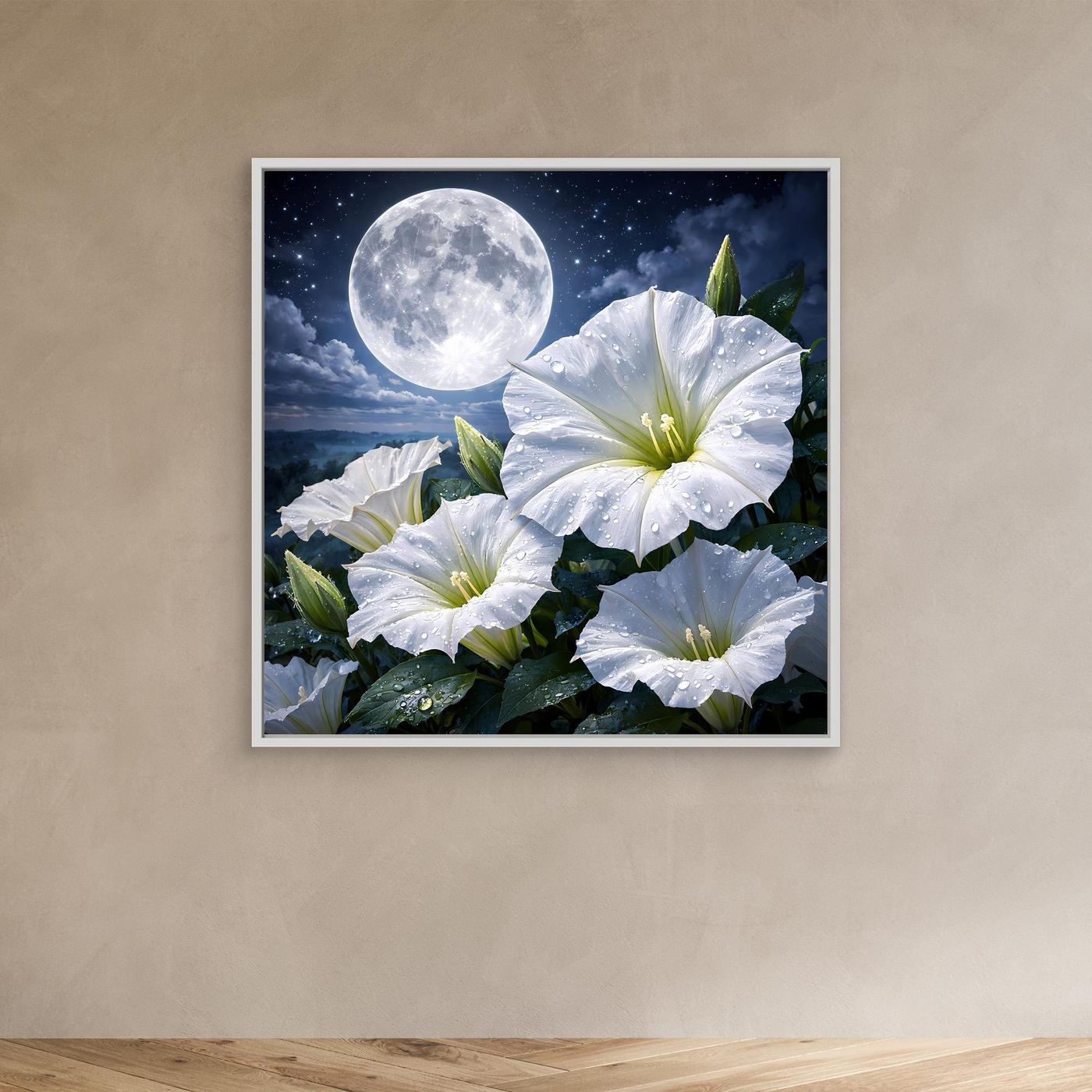 Wandbild auf Leinwand mit weißen Blüten und hellem Mond, weißer Rahmen