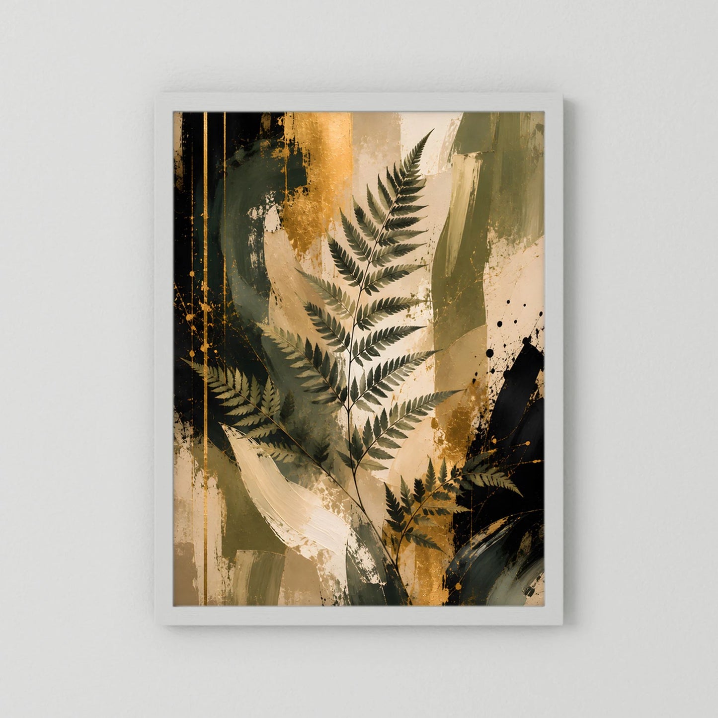 Abstraktes Farn-Kunstposter mit weißem Passepartout, grüne Farnblätter und goldene Akzente