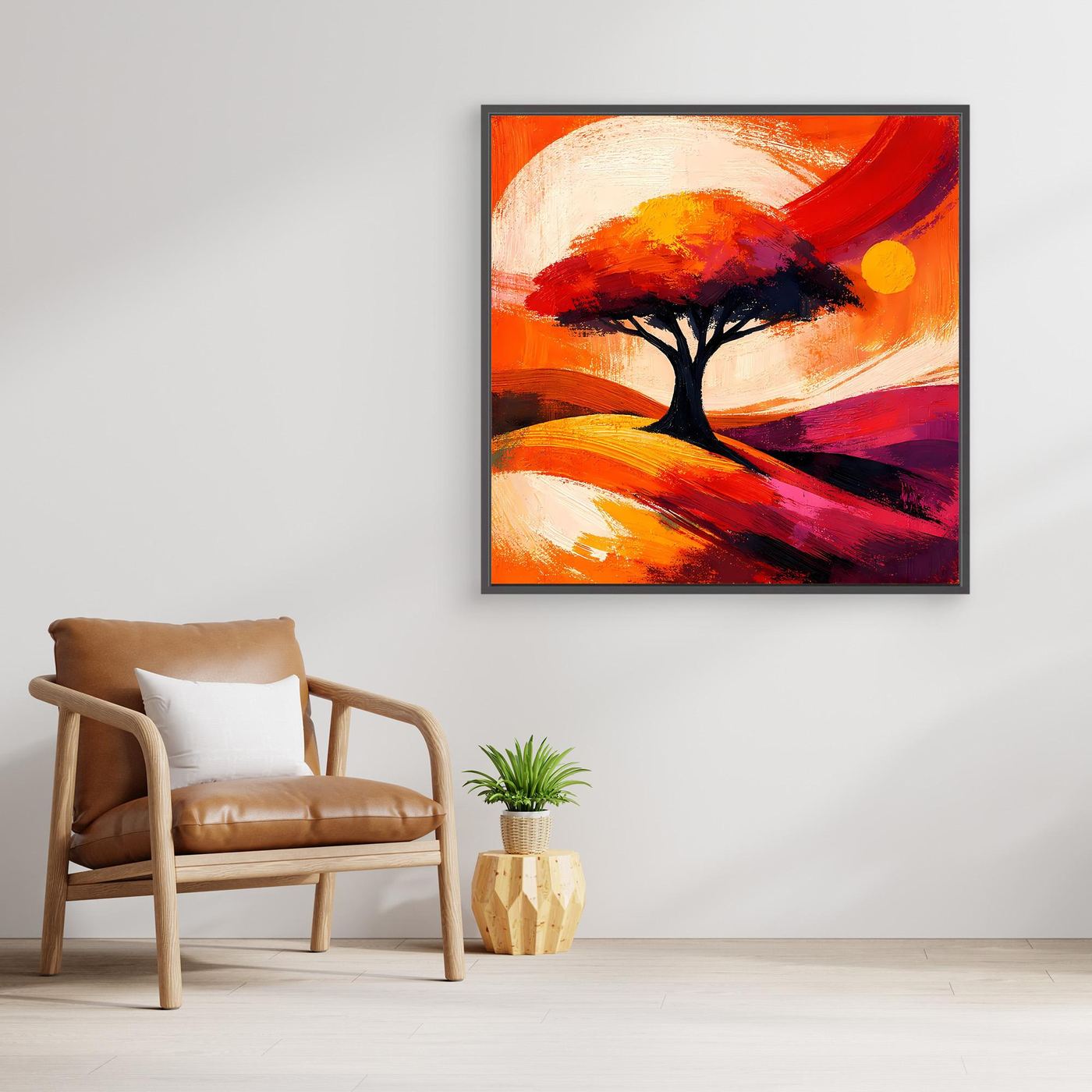 Leinwandbild mit abstraktem Baummotiv in kräftigem Orange-Rot und gelben Lichtakzenten