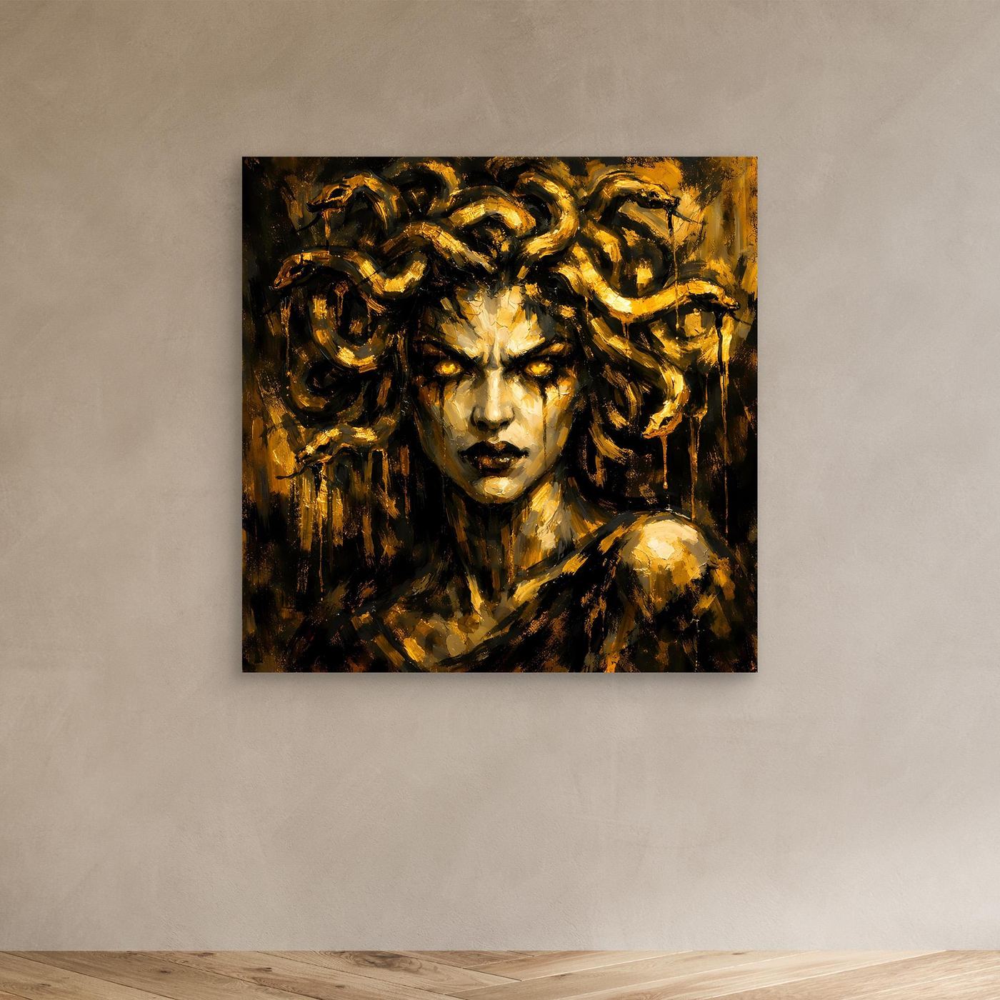 Leinwand Goldene Medusa in düsterer Optik | Modernes Mythologie Wandbild Luxus
