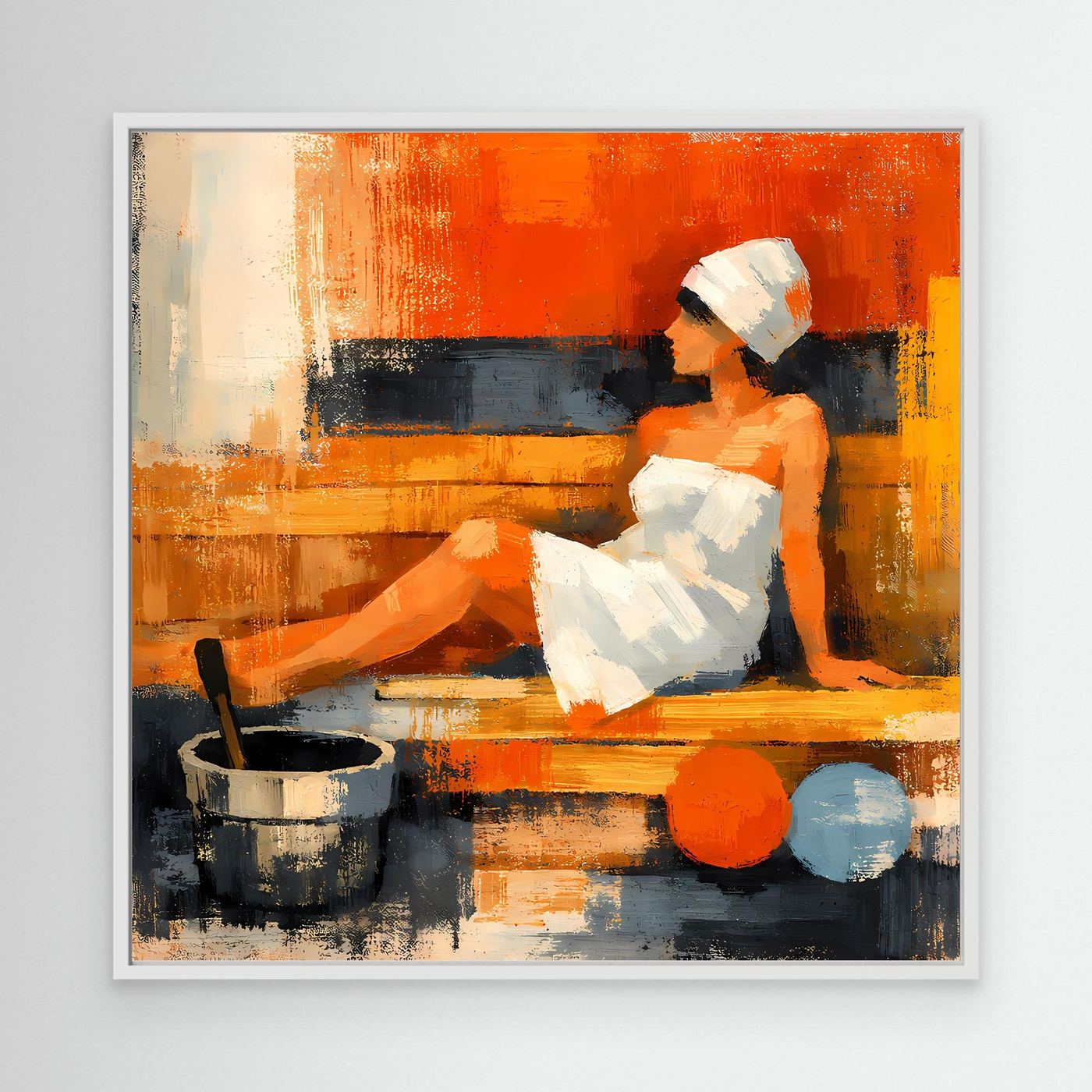 Abstract sauna wall art with white frame; reclining woman on bench, bucket and colored balls