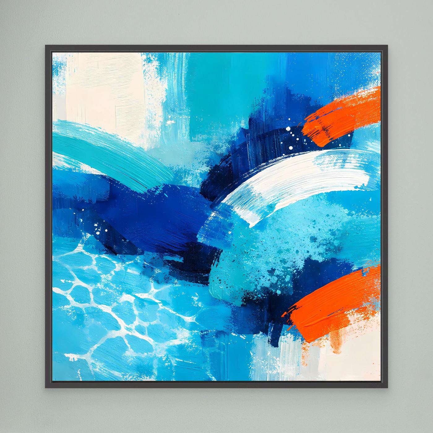 Blue and orange abstract ocean wave canvas in a black frame.