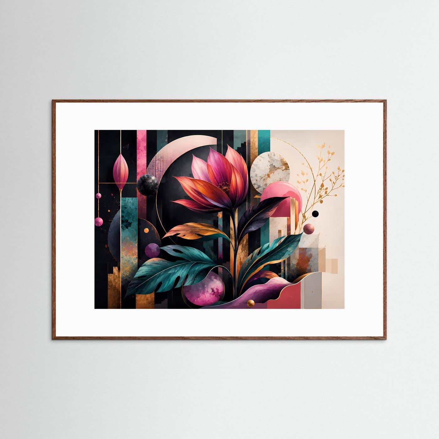 Abstrakte Botanische Blume Wandbild | Moderne Floral Geometrische Kunst | Pink Türkis Gold Botanical Wall Art | Luxus Leinwand Poster | Designer Wohnaccessoire