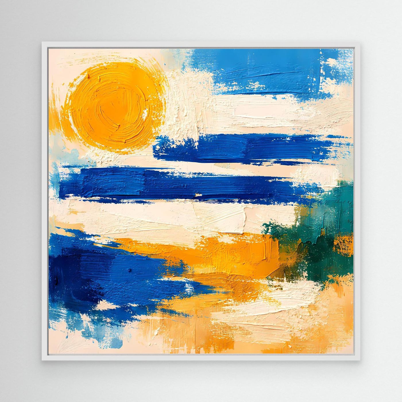 Abstract canvas wall art in a white frame with blue wave strokes and a yellow sun circle