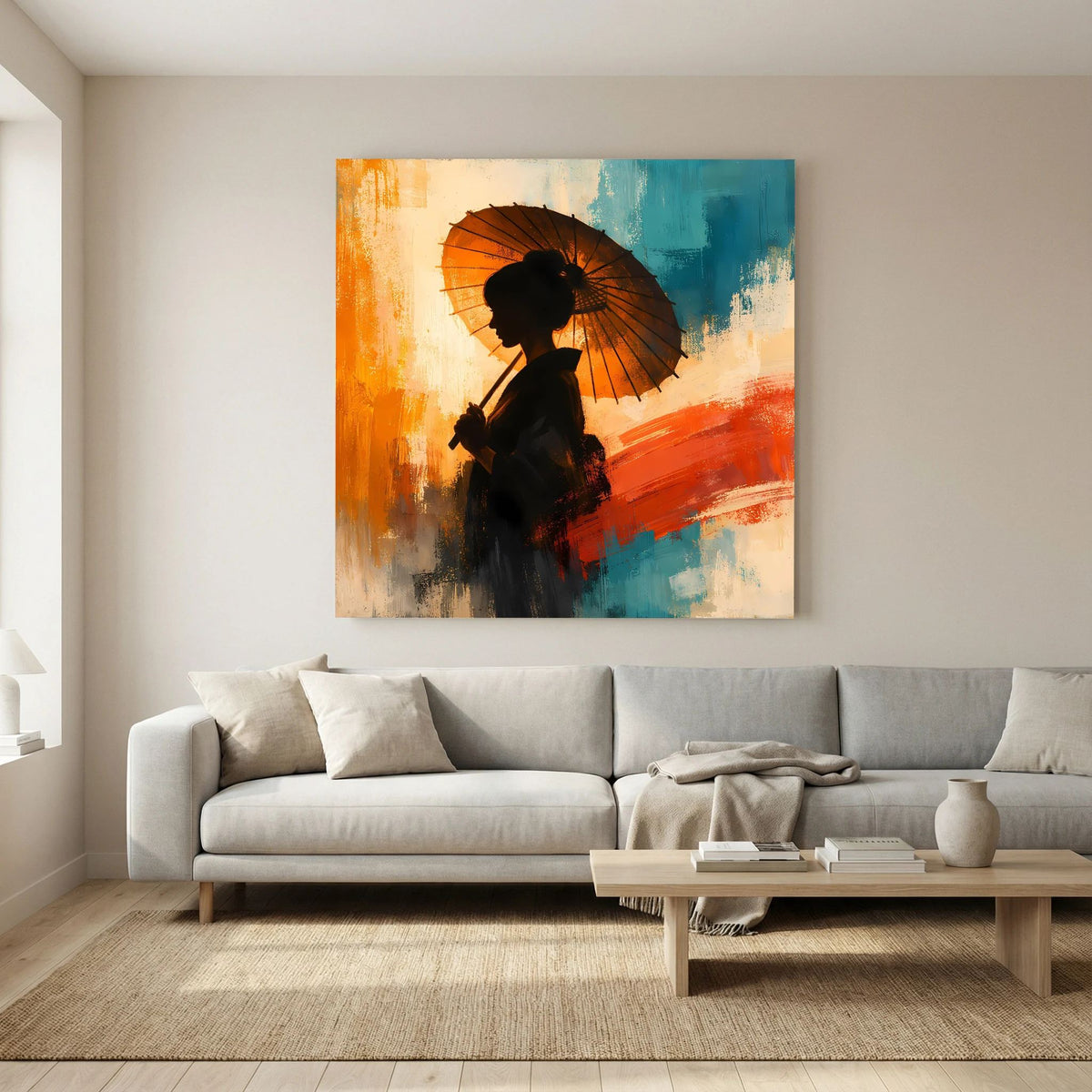 Keilrahmen-Leinwand: Frau mit Sonnenschirm, schwarz auf orange-blauem abstraktem Hintergrund