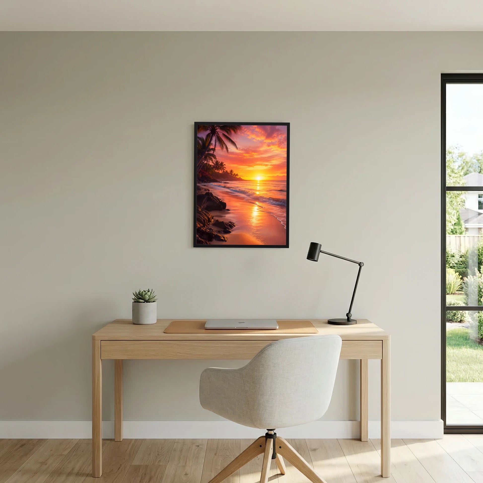 Poster im Hochformat mit Sonnenuntergang über dem Meer, Palmen und Küste, schwarz gerahmt