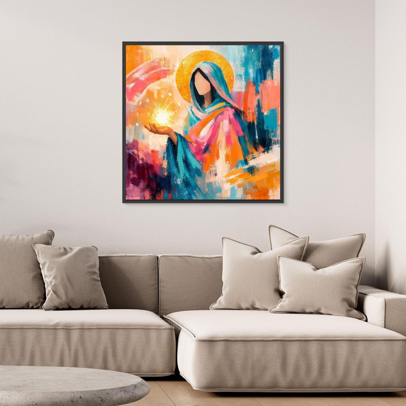 Wandbild mit abstrakter Heiligenfigur, orange-hellblau, mit dunklem Rahmen