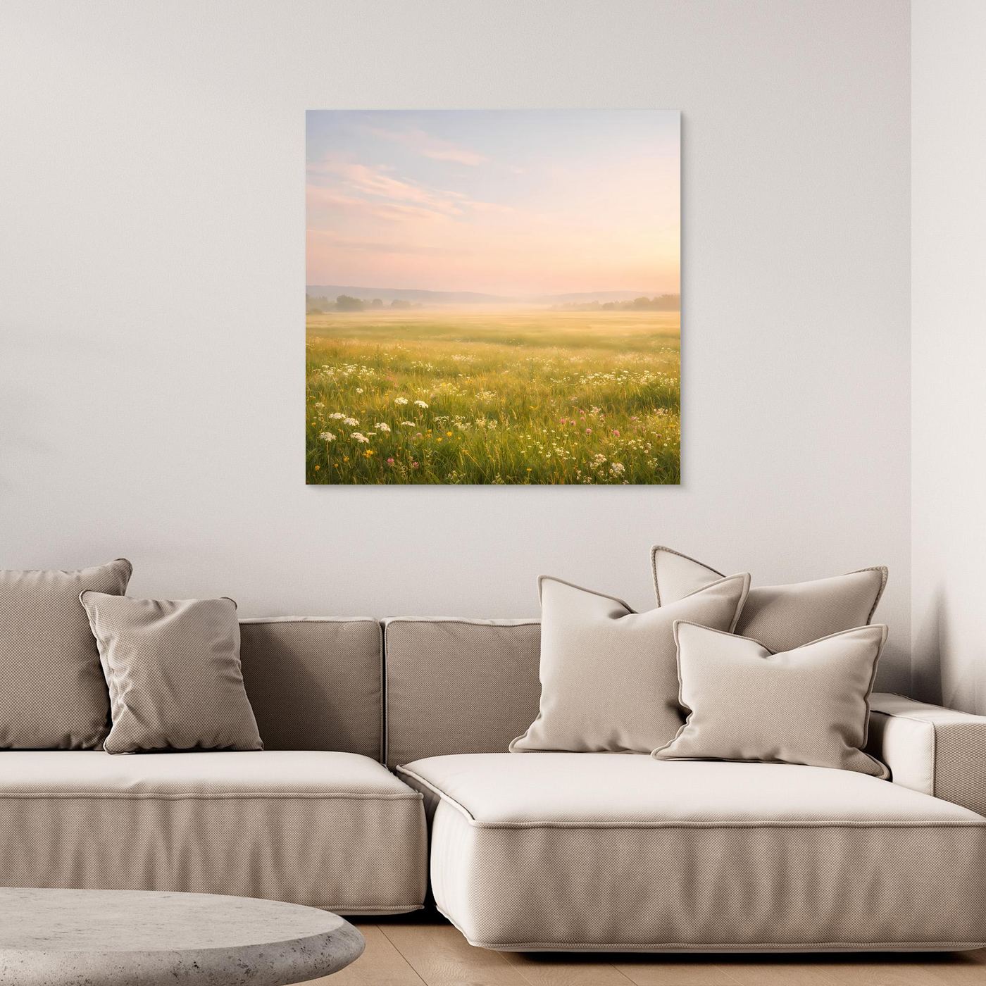Leinwandbild mit nebliger Blumenwiese in Pastellfarben ohne sichtbaren Rahmen
