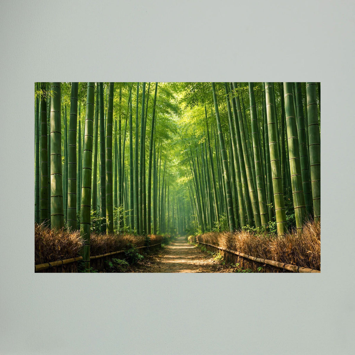 Wandbild Querformat mit Bambuswaldweg, grünen Stämmen und Lichtblick