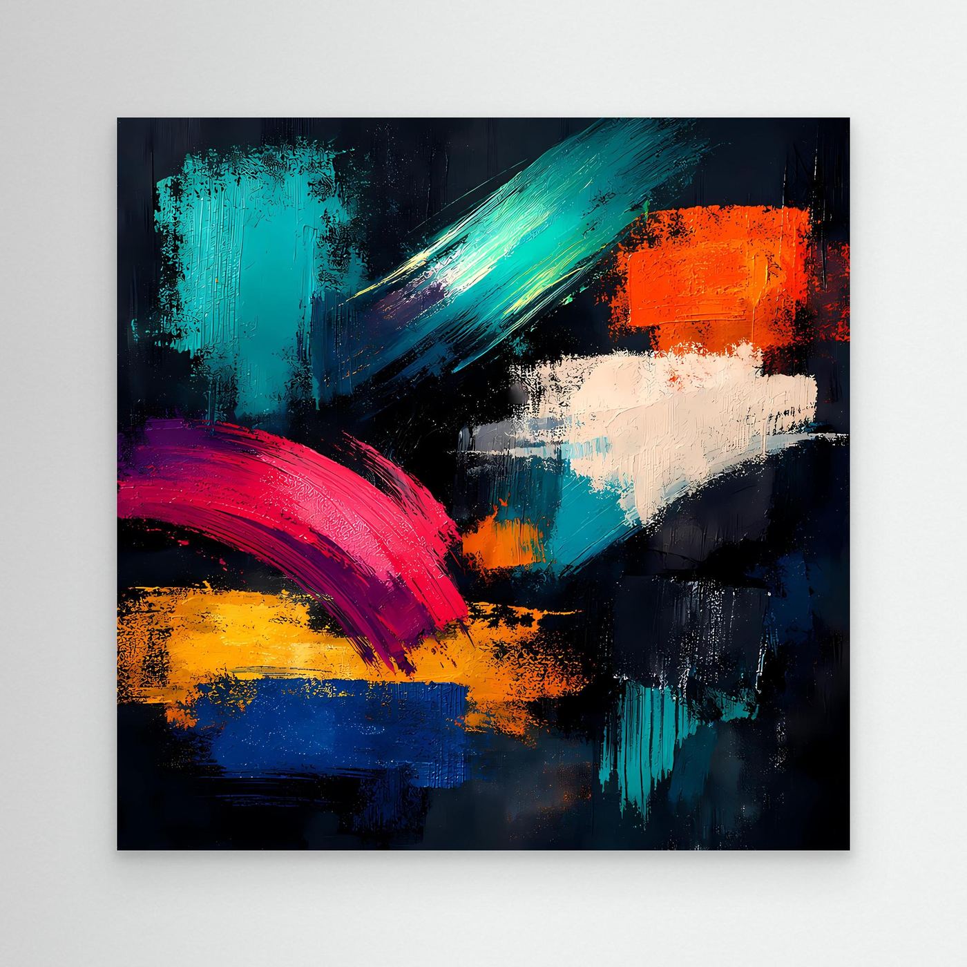Leinwandbild mit abstrakten Farbstrichen in Türkis, Orange, Pink und Blau, schwarzer Rahmen